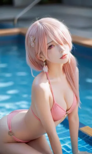 Pink bikini+ripped white stockings[AI Generated]